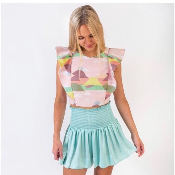 Koch Cecelia Crop Top Pink Mountain Flutter sleeve spring summer cute tank - Picture 2 of 8